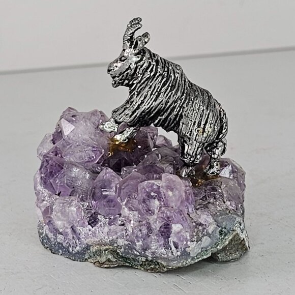 Pewter Mountain Goat Figurine On Amethyst Crystal Base - Picture 1 of 10